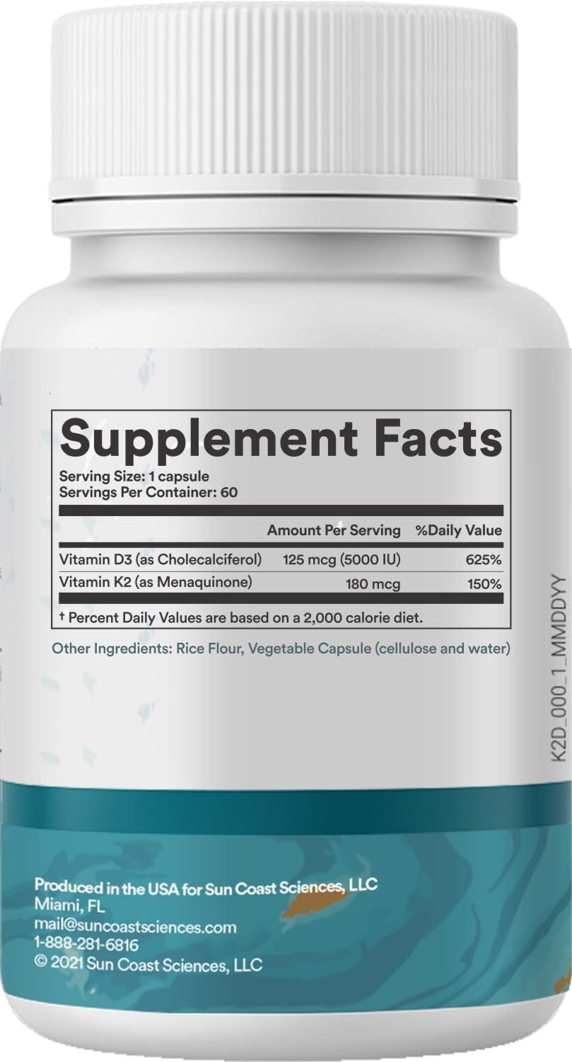 Sun Coast Sciences D3 Shield - High Potency Vitamin D3 for Immune Support and Bone Health - 60 Vegetarian Capsules with K2 and Calcium for Maximum Absorption