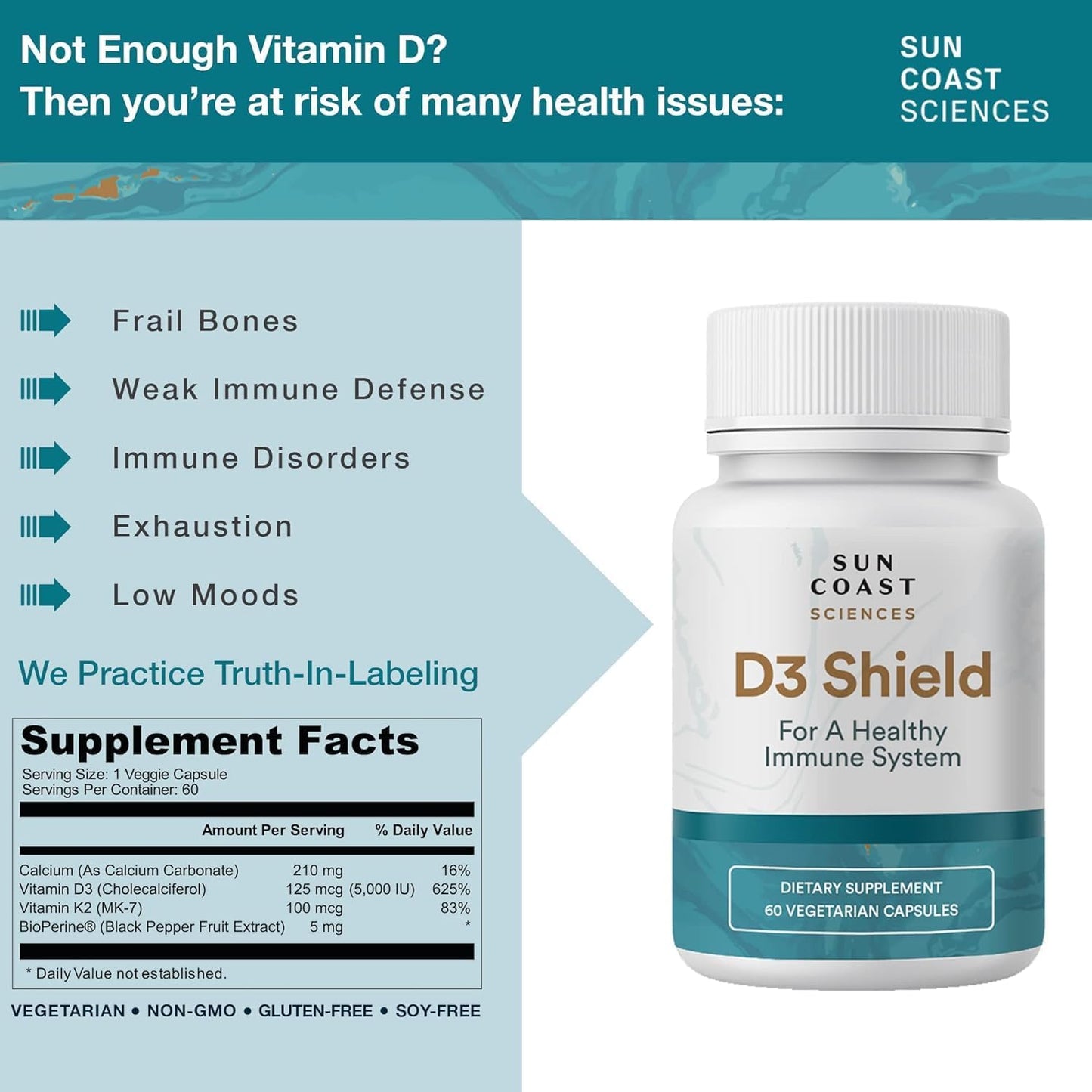 Sun Coast Sciences D3 Shield - High Potency Vitamin D3 for Immune Support and Bone Health - 60 Vegetarian Capsules with K2 and Calcium for Maximum Absorption