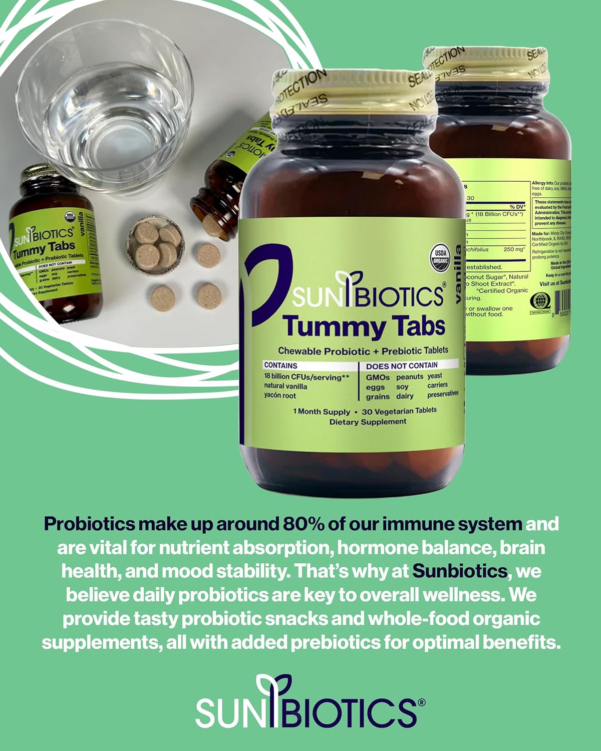 Sunbiotics Vanilla Tummy Tabs - Chewable Probiotic Tablets with 18 Billion CFUs - Supports Gut Health, Immunity, and Microbiome Balance