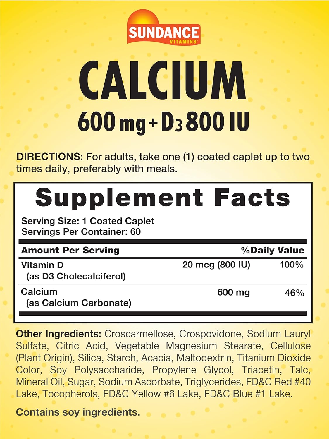 Sundance Calcium 600mg with D3 Caplets - Vegetarian, Non-GMO, Gluten Free Supplement