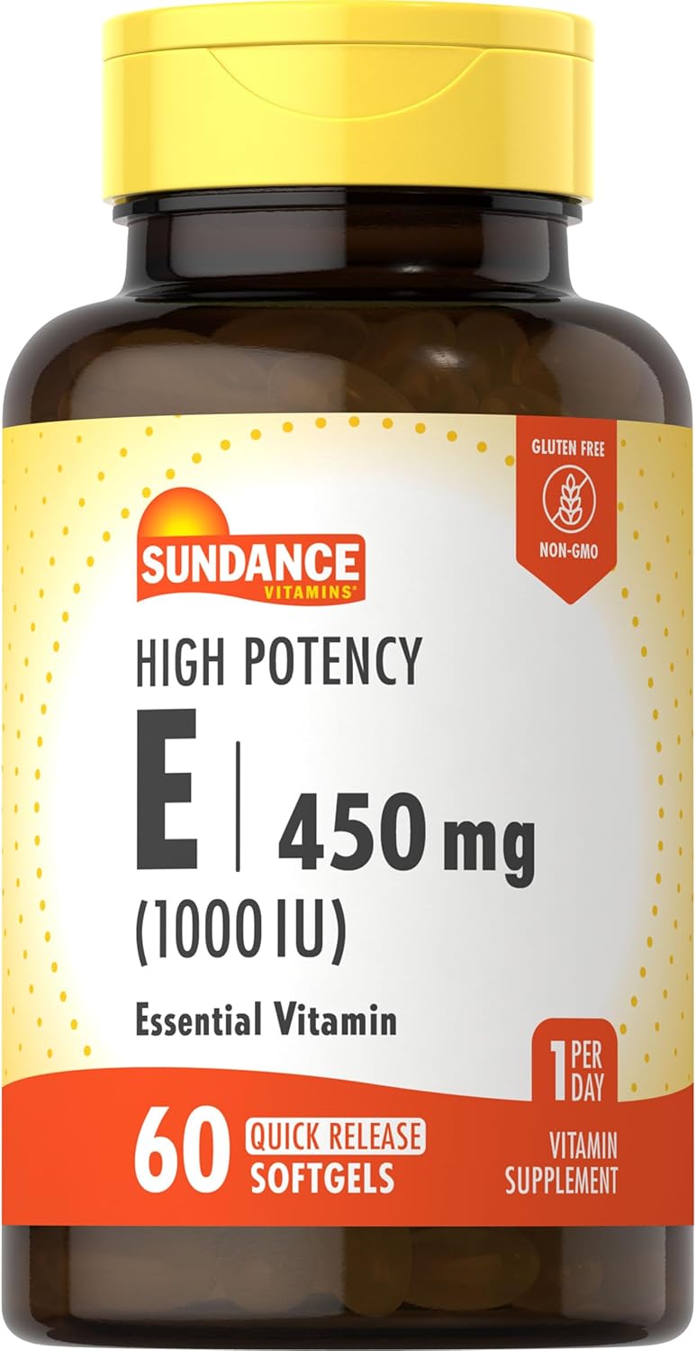 Sundance High Potency Vitamin E Softgels - 450mg (1000 IU) - 60 Count - Non-GMO & Gluten Free Formula