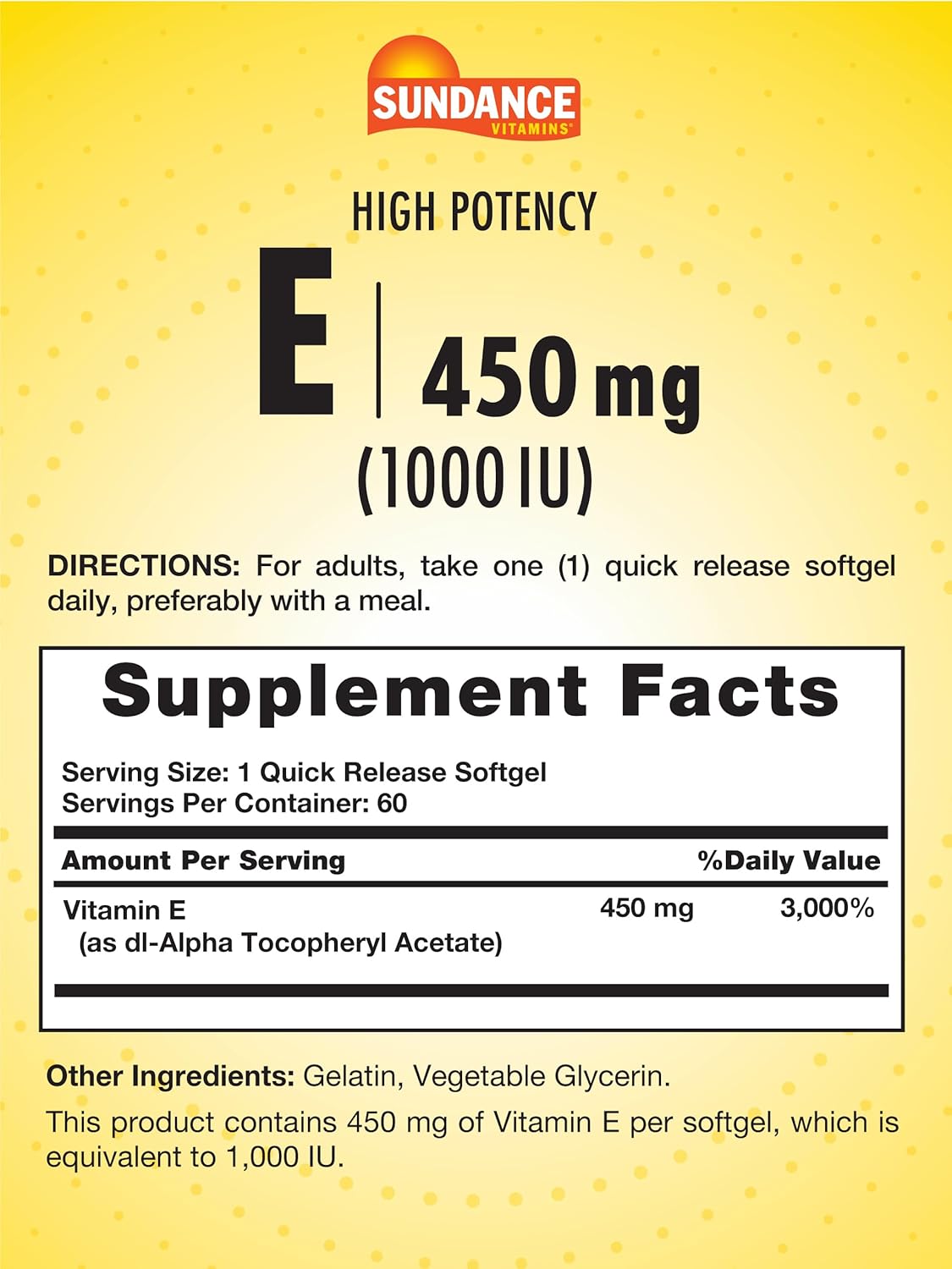 Sundance High Potency Vitamin E Softgels - 450mg (1000 IU) - 60 Count - Non-GMO & Gluten Free Formula