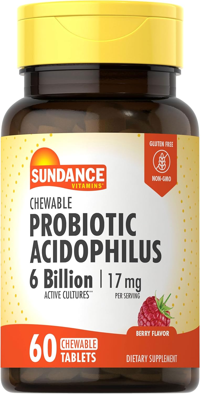 Sundance Probiotic Aciophilus Chewable Tablets - 6 Billion Cultures - Berry Flavor - Vegetarian, Non-GMO, Gluten Free - 60 Count