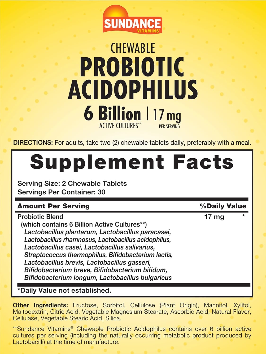 Sundance Probiotic Aciophilus Chewable Tablets - 6 Billion Cultures - Berry Flavor - Vegetarian, Non-GMO, Gluten Free - 60 Count