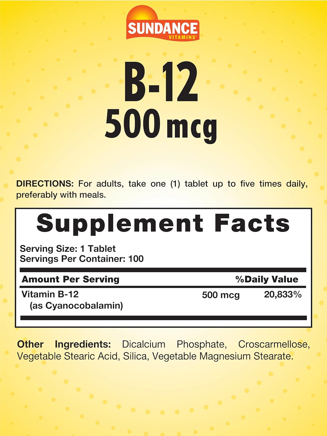 Sundance Vitamin B-12 500mcg: 90 Vegetarian Tablets, Non-GMO & Gluten Free Formula, Essential Supplement