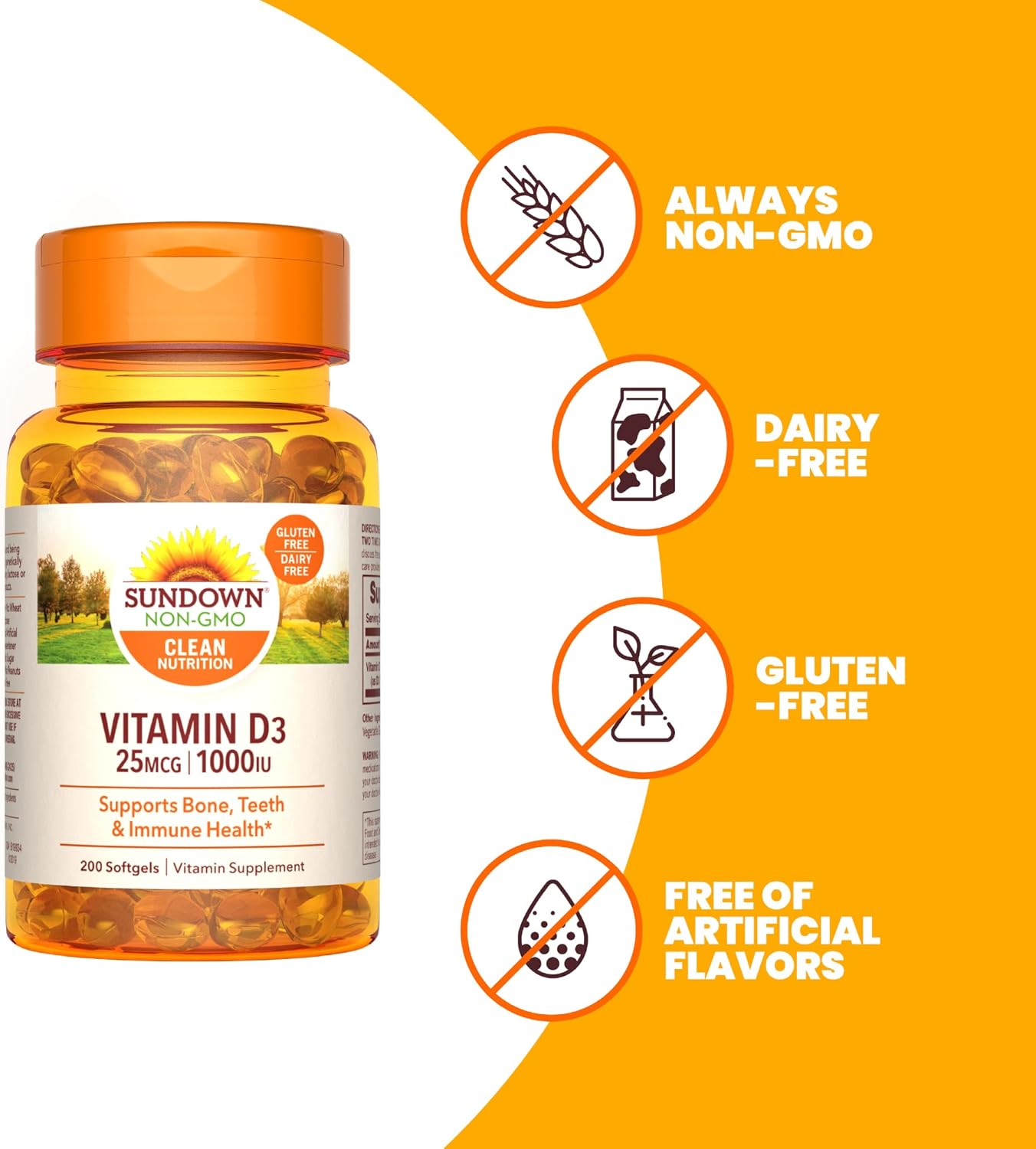 Sundown Vitamin D3 1000 IU Softgels for Bone, Teeth, and Immune Health - 200 Count - BoostGo Australia