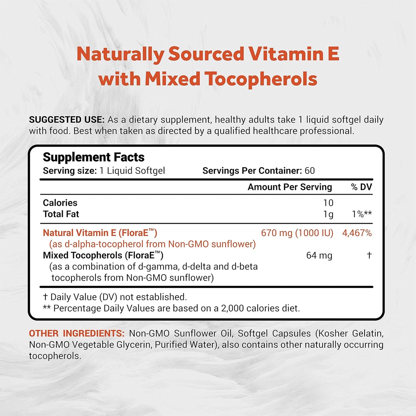 Sunflower Vitamin E Supplement with Mixed Tocopherols for Skin & Immune Support - 60 Softgels