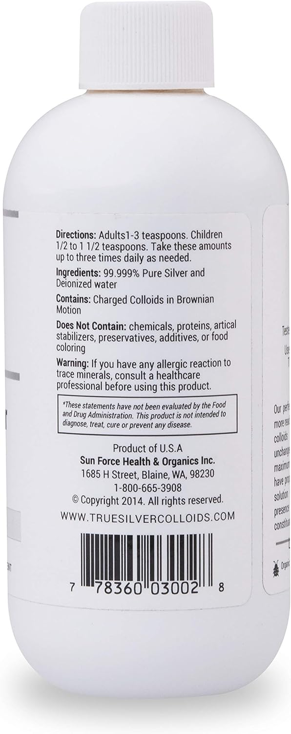 SunForce Health & Organics True Colloidal Silver Supplement - 10 ppm for Adults and Children - 8 OZ Bottle