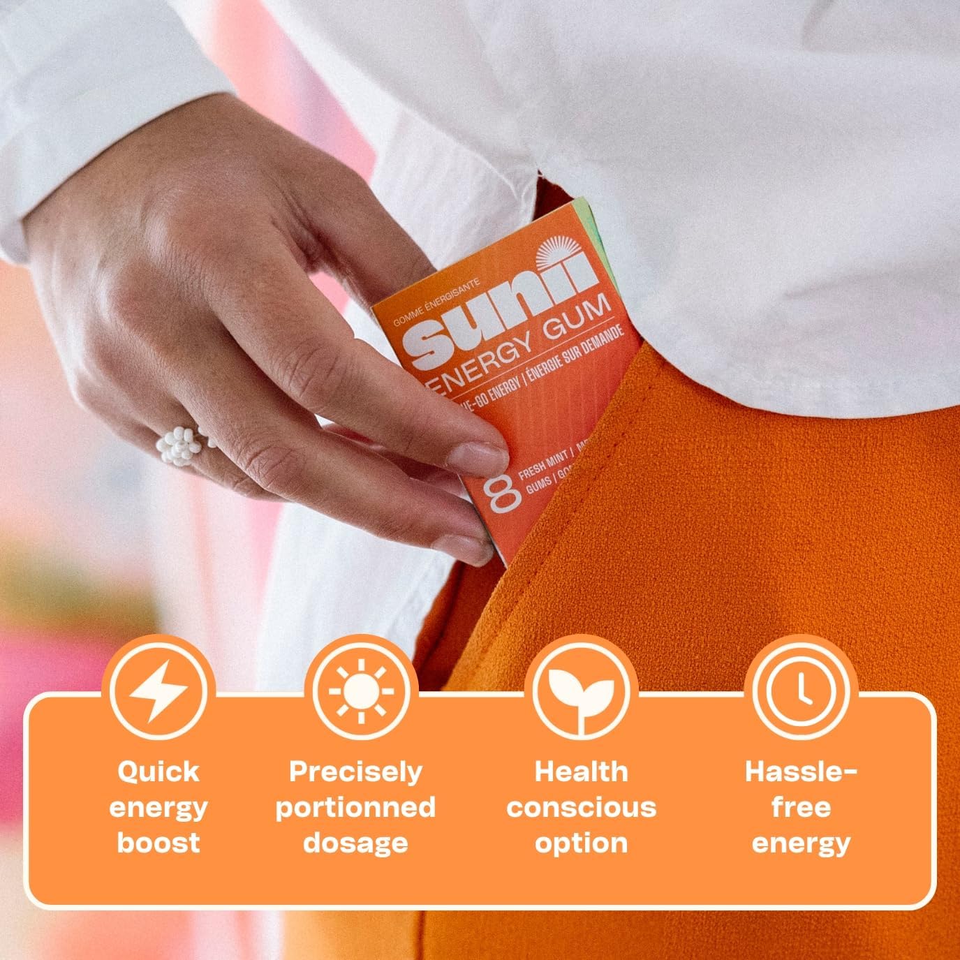 Sunii Energy Gum: Quick Boost Vegan Caffeine Gum with Vitamins B6 & B12, Taurine - 24pcs, Fresh Mint Taste