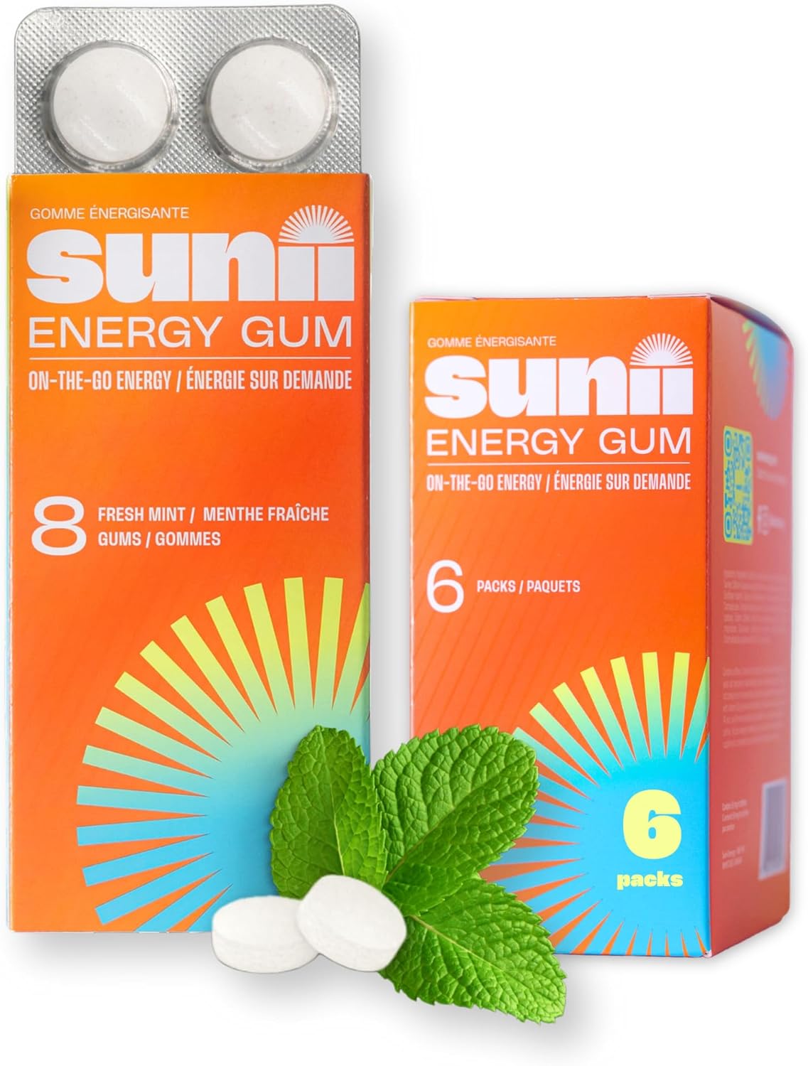 Sunii Energy Gum: Quick Boost Vegan Gum with 50mg Caffeine, B6 & B12, Taurine - Fresh Mint Flavor, Zero Sugar & Calories - 48 Pieces