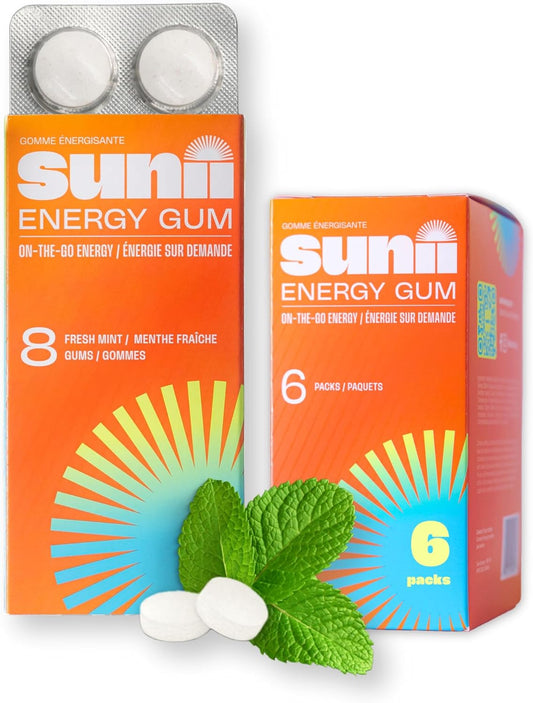 Sunii Energy Gum: Quick Boost Vegan Gum with 50mg Caffeine, B6 & B12, Taurine - Fresh Mint Flavor, Zero Sugar & Calories - 48 Pieces