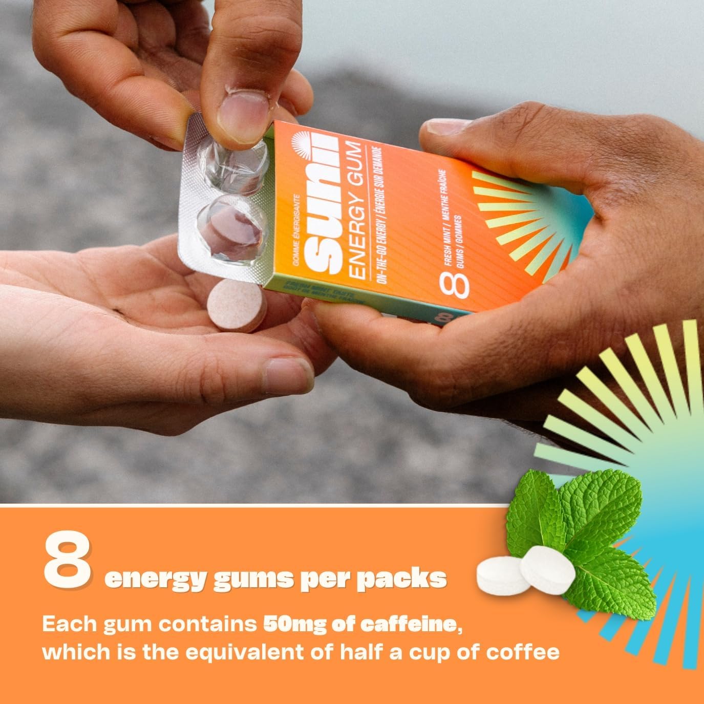 Sunii Energy Gum: Quick Boost Vegan Gum with 50mg Caffeine, B6 & B12, Taurine - Fresh Mint Flavor, Zero Sugar & Calories - 48 Pieces