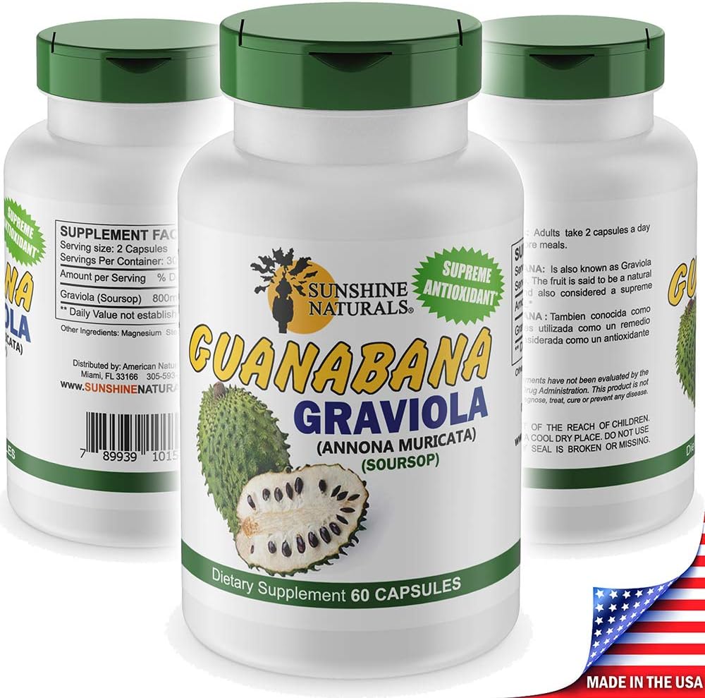 Sunshine Naturals Graviola Supplement - Immune Support, Digestive Aid, Antioxidant Defense - 180 Capsules for Wellness