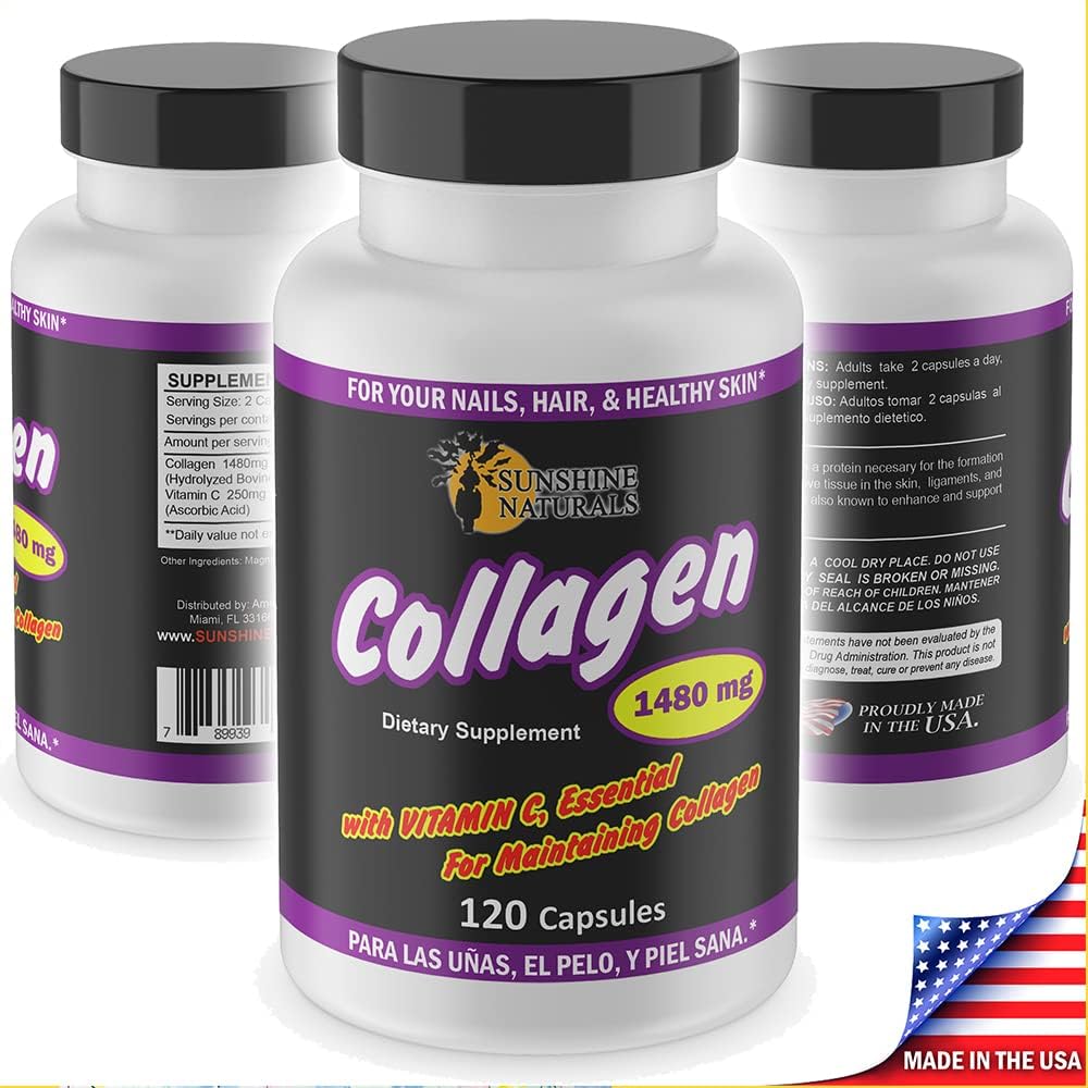 Sunshine Naturals Hydrolyzed Collagen and Vitamin C Supplement - Immune Support, 1480mg, 120 Capsules