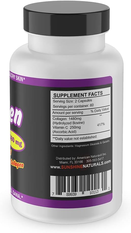 Sunshine Naturals Hydrolyzed Collagen and Vitamin C Supplement - Immune Support, 1480mg, 120 Capsules