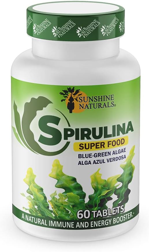 Sunshine Naturals Spirulina Tablets - Natural Immune System Support, Energy Booster, Detox, Heart Health - 500 mg - 60 Count