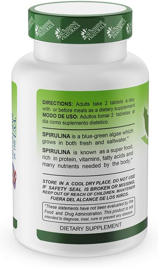 Sunshine Naturals Spirulina Tablets - Natural Immune System Support, Energy Booster, Detox, Heart Health - 500 mg - 60 Count