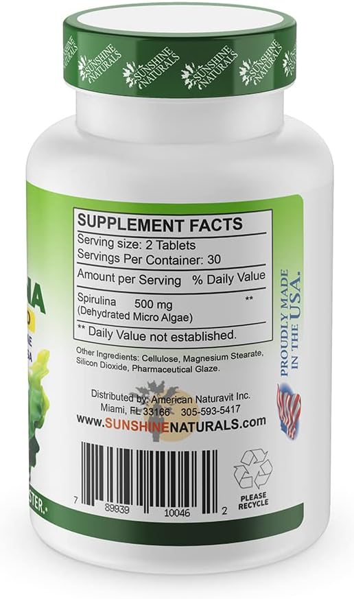 Sunshine Naturals Spirulina Tablets - Natural Immune System Support, Energy Booster, Detox, Heart Health - 500 mg - 60 Count