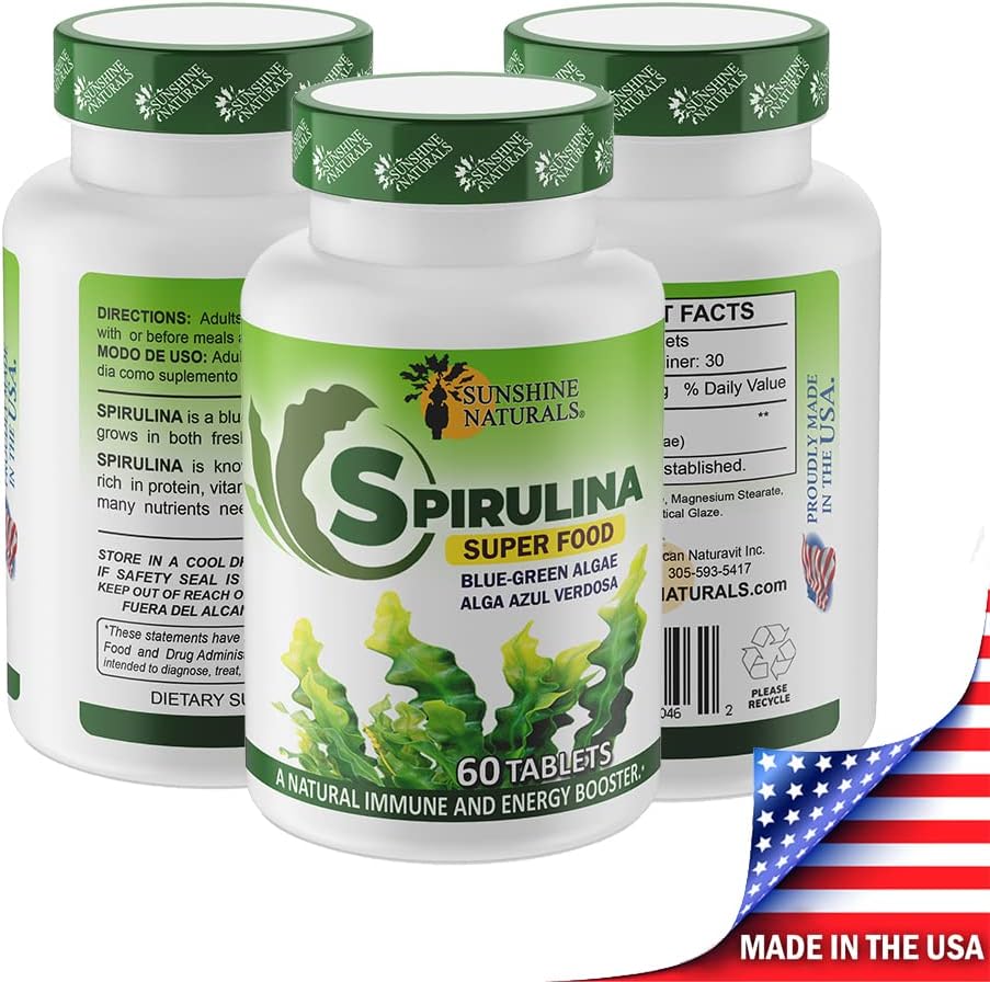 Sunshine Naturals Spirulina Tablets - Natural Immune System Support, Energy Booster, Detox, Heart Health - 500 mg - 60 Count