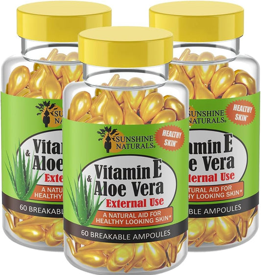Sunshine Naturals Vitamin E and Aloe Vera Moisturizer: Hydrating Formula for Dry Skin, Nourishment, and Skin Elasticity. 60 Vials, Pack of 3 for Soft, Healthy-Looking Skin