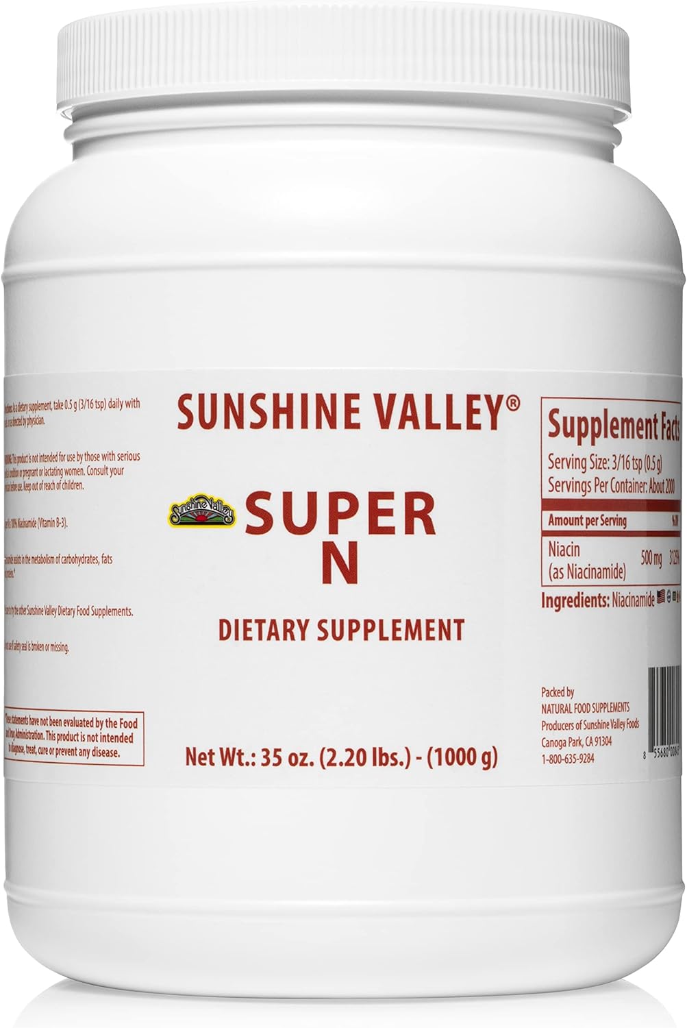 Sunshine Valley Super N Niacinamide Powder (35 oz) - Niacin Vitamin B3 Supplement for Energy, Digestion, Anti-Aging & Skin - Natural & Gluten-Free