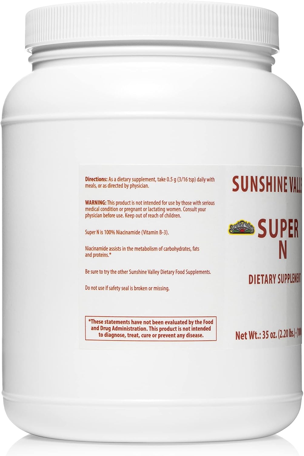 Sunshine Valley Super N Niacinamide Powder (35 oz) - Niacin Vitamin B3 Supplement for Energy, Digestion, Anti-Aging & Skin - Natural & Gluten-Free
