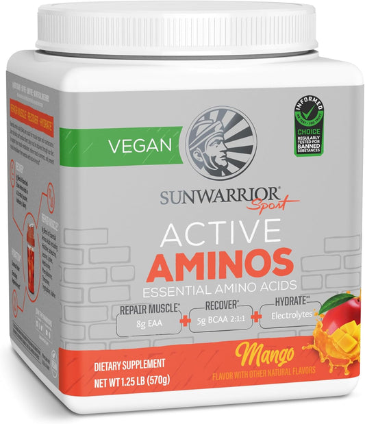 Sunwarrior Active Aminos Mango Flavor Powder - Essential Amino Acids for Muscle Repair and Recovery, Hydration and Endurance - 30 Servings