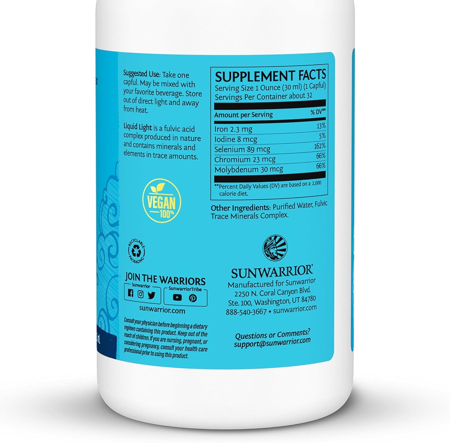Sunwarrior Fulvic Acid Liquid Trace Minerals Supplement - Vegan Plant Based Mineral Drops 32 Fl Oz