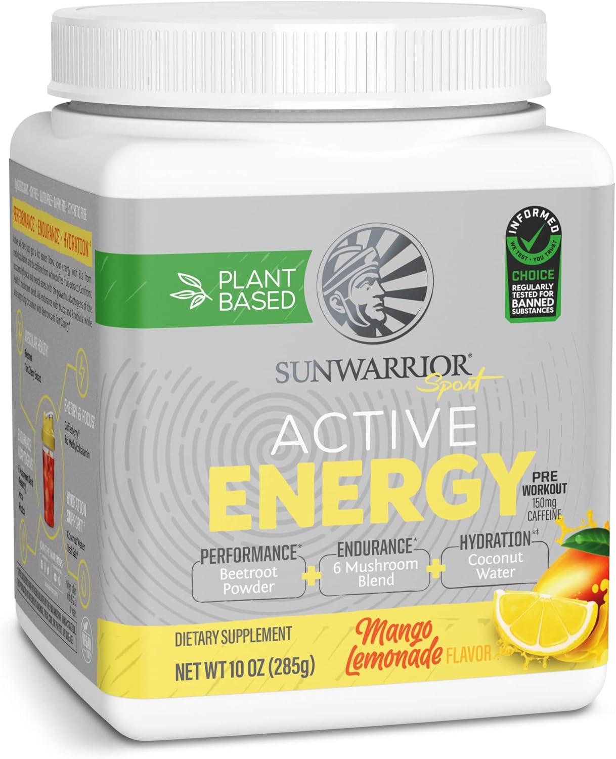 Sunwarrior Plant-Based Preworkout Powder Hydration Blend in Mango Lemonade Flavor - 30 Servings for Sport and Active Energy, Dairy-Free and Gluten-Free