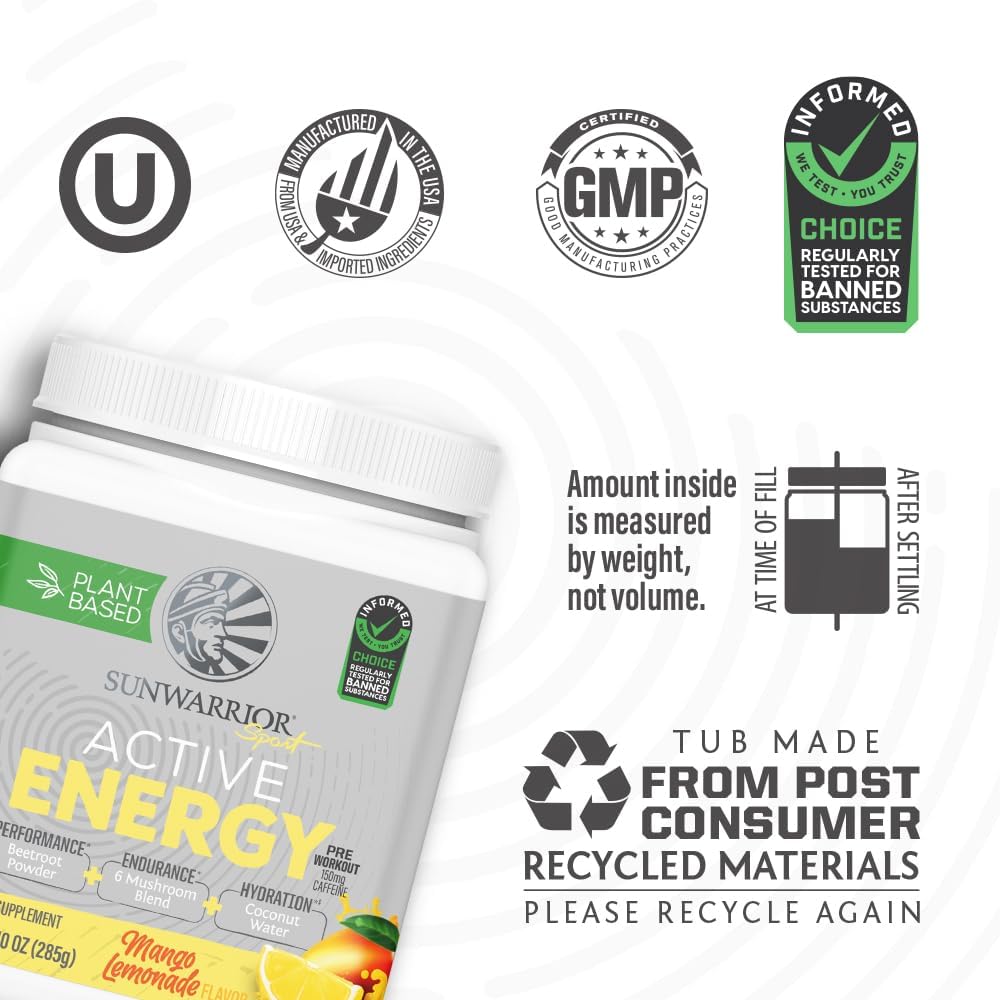 Sunwarrior Plant-Based Preworkout Powder Hydration Blend in Mango Lemonade Flavor - 30 Servings for Sport and Active Energy, Dairy-Free and Gluten-Free