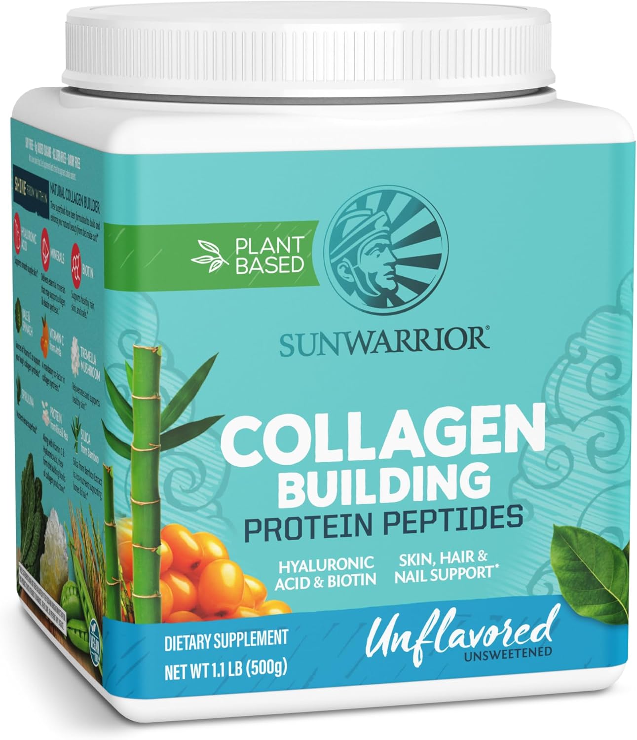 Sunwarrior Unflavored Vegan Collagen Protein Powder with Biotin, Vitamin C, and Hyaluronic Acid - Dairy and Gluten Free Formula for Hair, Skin, and Nails