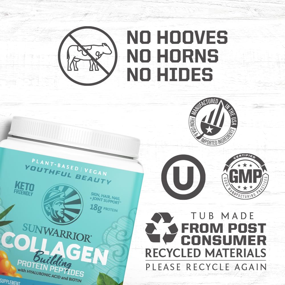 Sunwarrior Unflavored Vegan Collagen Protein Powder with Biotin, Vitamin C, and Hyaluronic Acid - Dairy and Gluten Free Formula for Hair, Skin, and Nails