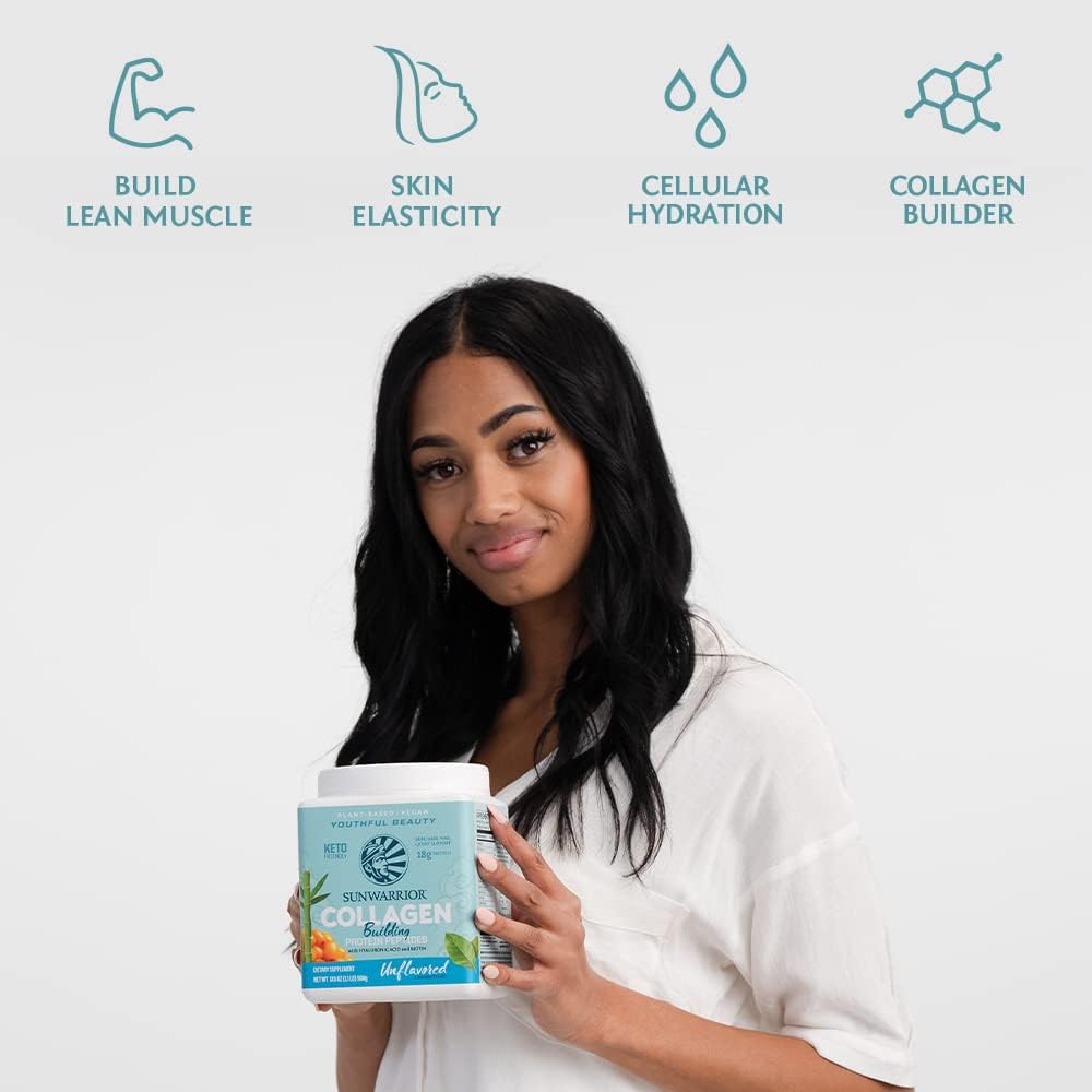 Sunwarrior Unflavored Vegan Collagen Protein Powder with Biotin, Vitamin C, and Hyaluronic Acid - Dairy and Gluten Free Formula for Hair, Skin, and Nails