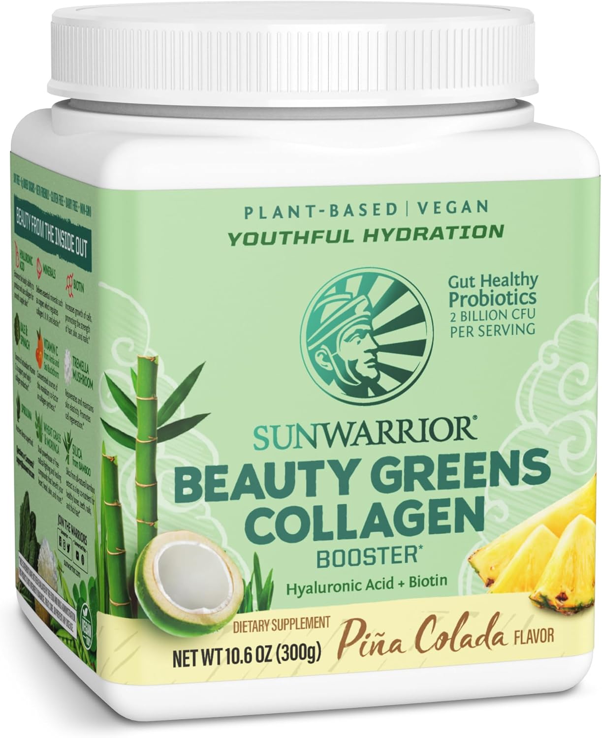 Sunwarrior Vegan Beauty Greens Drink with Hyaluronic Acid, Biotin, and Probiotics - Plant-Based Pina Colada, Non-GMO and Dairy-Free - 25 Servings