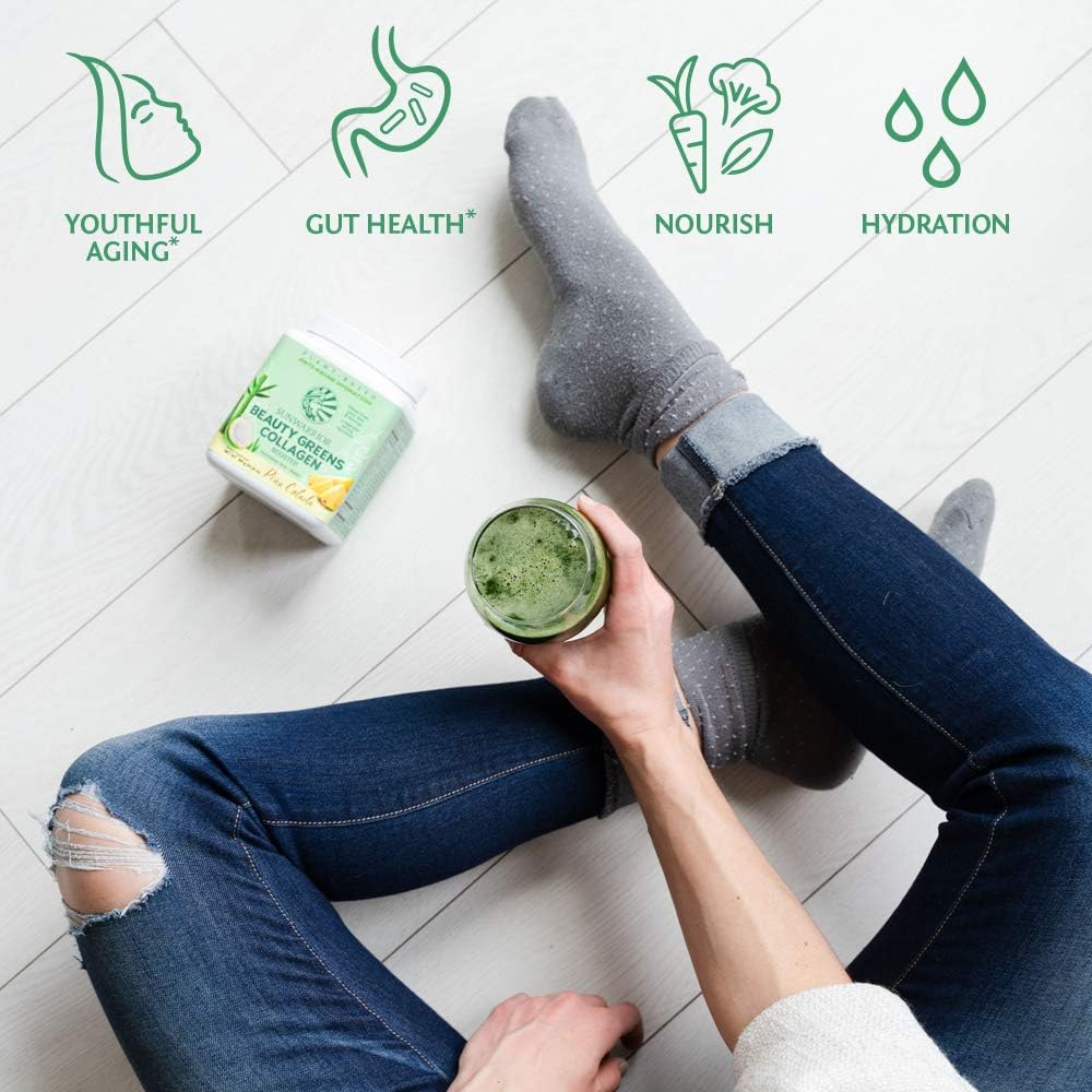 Sunwarrior Vegan Beauty Greens Drink with Hyaluronic Acid, Biotin, and Probiotics - Plant-Based Pina Colada, Non-GMO and Dairy-Free - 25 Servings