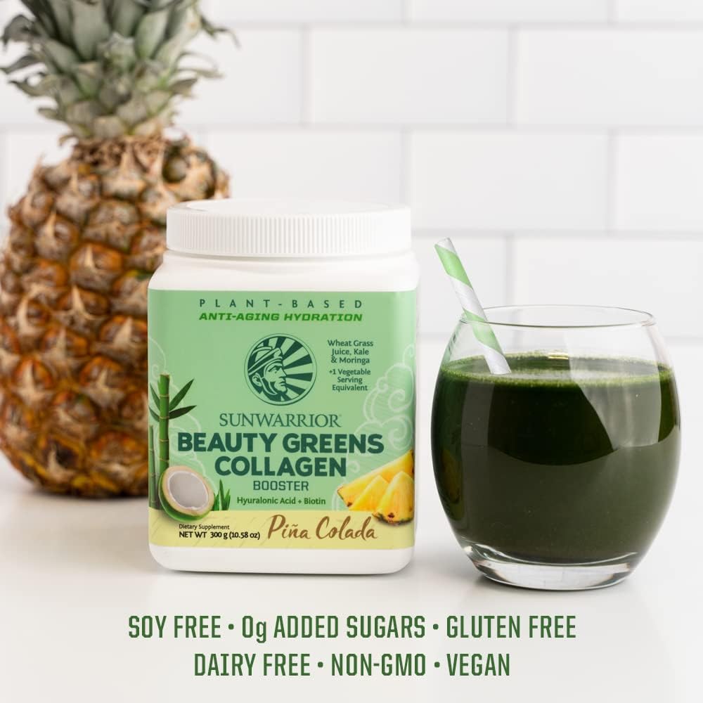 Sunwarrior Vegan Beauty Greens Drink with Hyaluronic Acid, Biotin, and Probiotics - Plant-Based Pina Colada, Non-GMO and Dairy-Free - 25 Servings