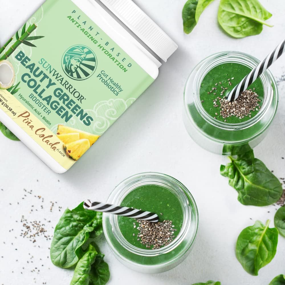 Sunwarrior Vegan Beauty Greens Drink with Hyaluronic Acid, Biotin, and Probiotics - Plant-Based Pina Colada, Non-GMO and Dairy-Free - 25 Servings