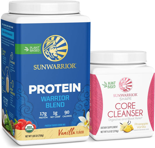 Sunwarrior WarriorBlend Vanilla Protein & Core Cleanser Prebiotic Fiber Detox - Pineapple Vanilla Flavor, 30 Servings