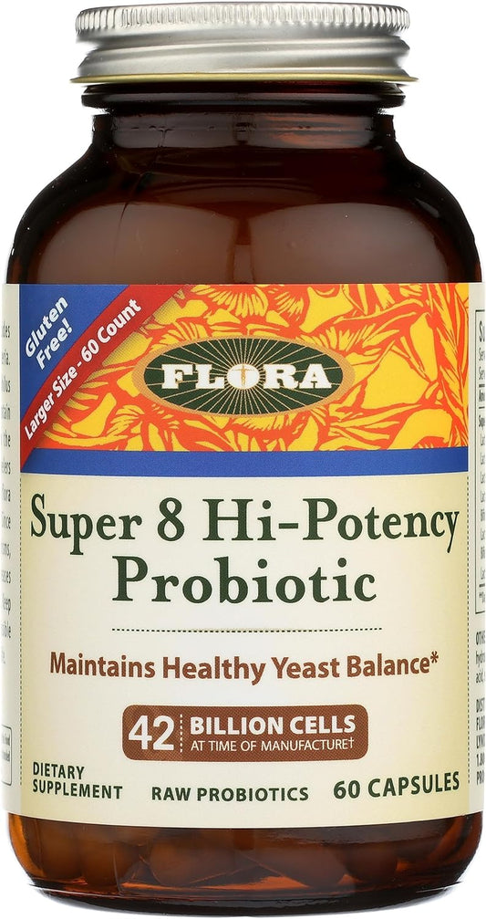Super 8 Hi Potency Probiotics 60 Count for Digestive Health - 42 Billion CFU, Raw, Gluten Free - Up to 2 Month Supply - Flora
