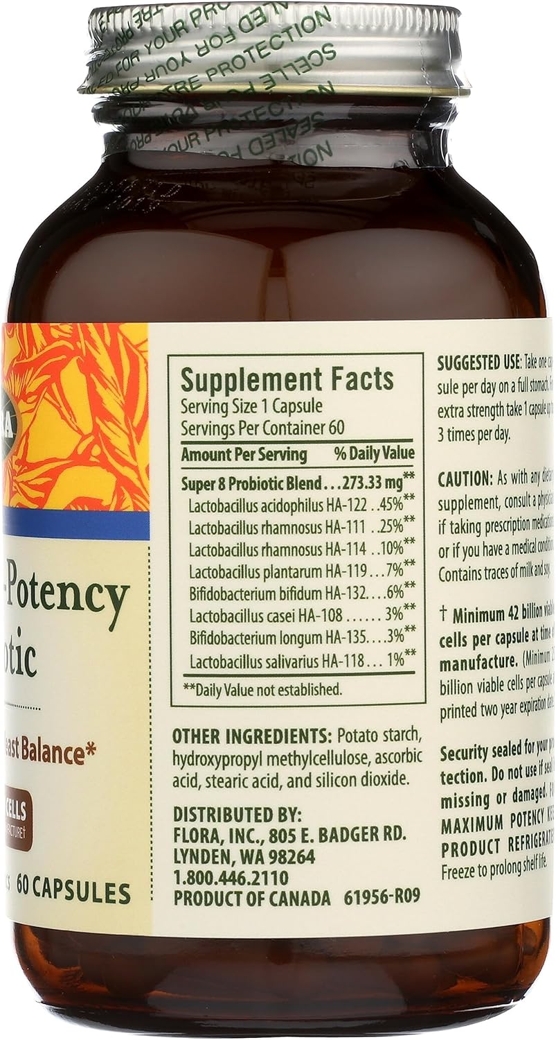 Super 8 Hi Potency Probiotics 60 Count for Digestive Health - 42 Billion CFU, Raw, Gluten Free - Up to 2 Month Supply - Flora