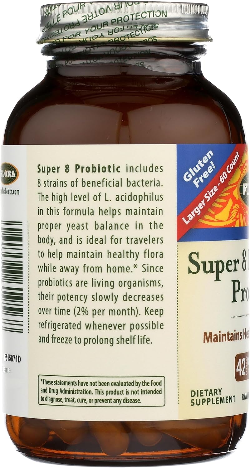 Super 8 Hi Potency Probiotics 60 Count for Digestive Health - 42 Billion CFU, Raw, Gluten Free - Up to 2 Month Supply - Flora
