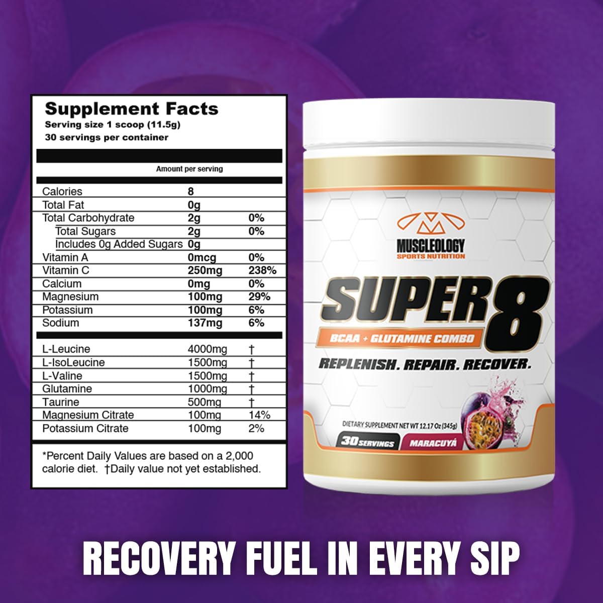 Super 8 High Performance BCAA, Electrolyte & Glutamine Blend - Post-Workout Supplement for Recovery and Muscle Building (Maracuya)