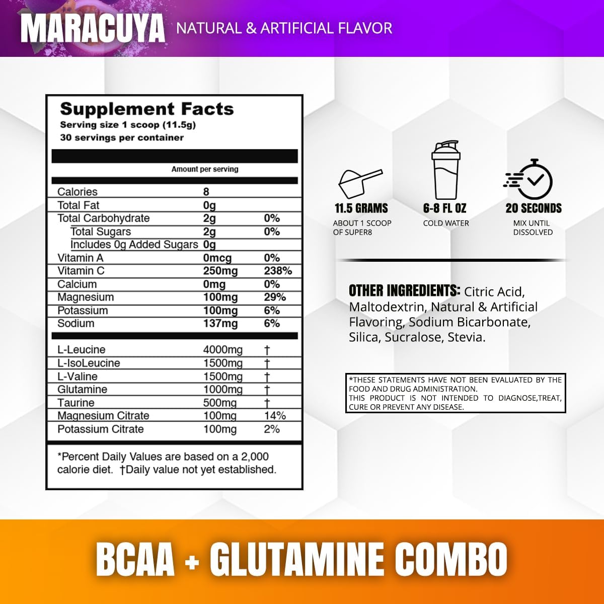 Super 8 High Performance BCAA, Electrolyte & Glutamine Blend - Post-Workout Supplement for Recovery and Muscle Building (Maracuya)