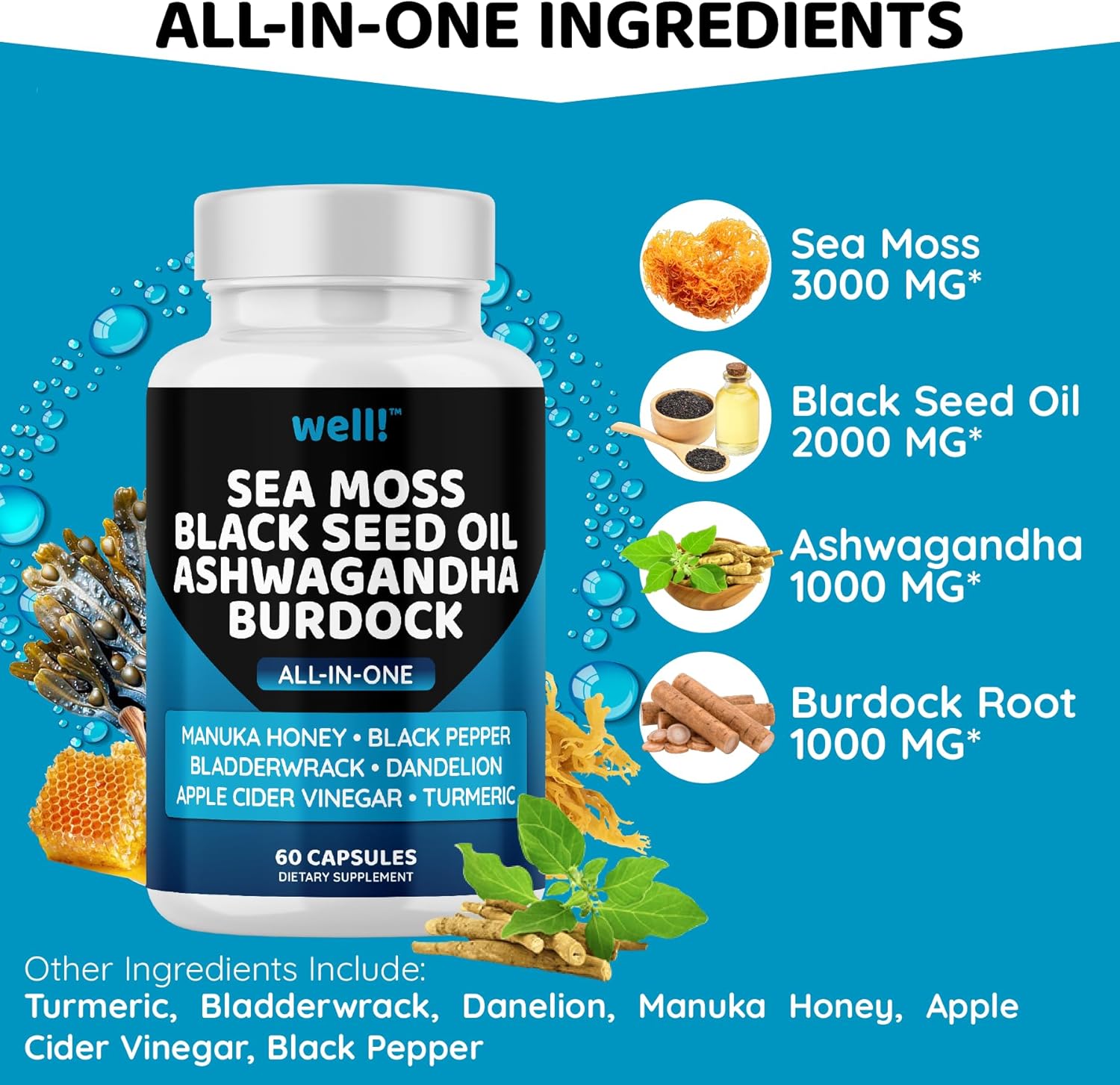 Super Antioxidant Supplement with Sea Moss, Black Seed Oil, Ashwagandha, Bladderwrack, Maca, Turmeric, Manuka Honey, Dandelion, and Black Pepper - 180 Capsules