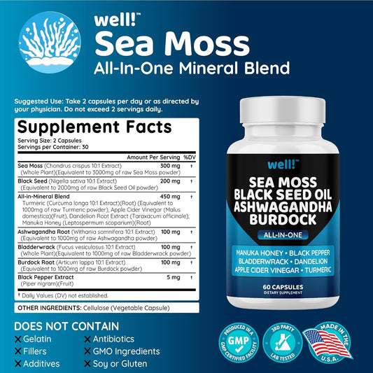 Super Antioxidants Supplement with Sea Moss, Black Seed Oil, Ashwagandha, Bladderwrack, Maca, Turmeric, Manuka Honey, Dandelion, Black Pepper - 180 Capsules