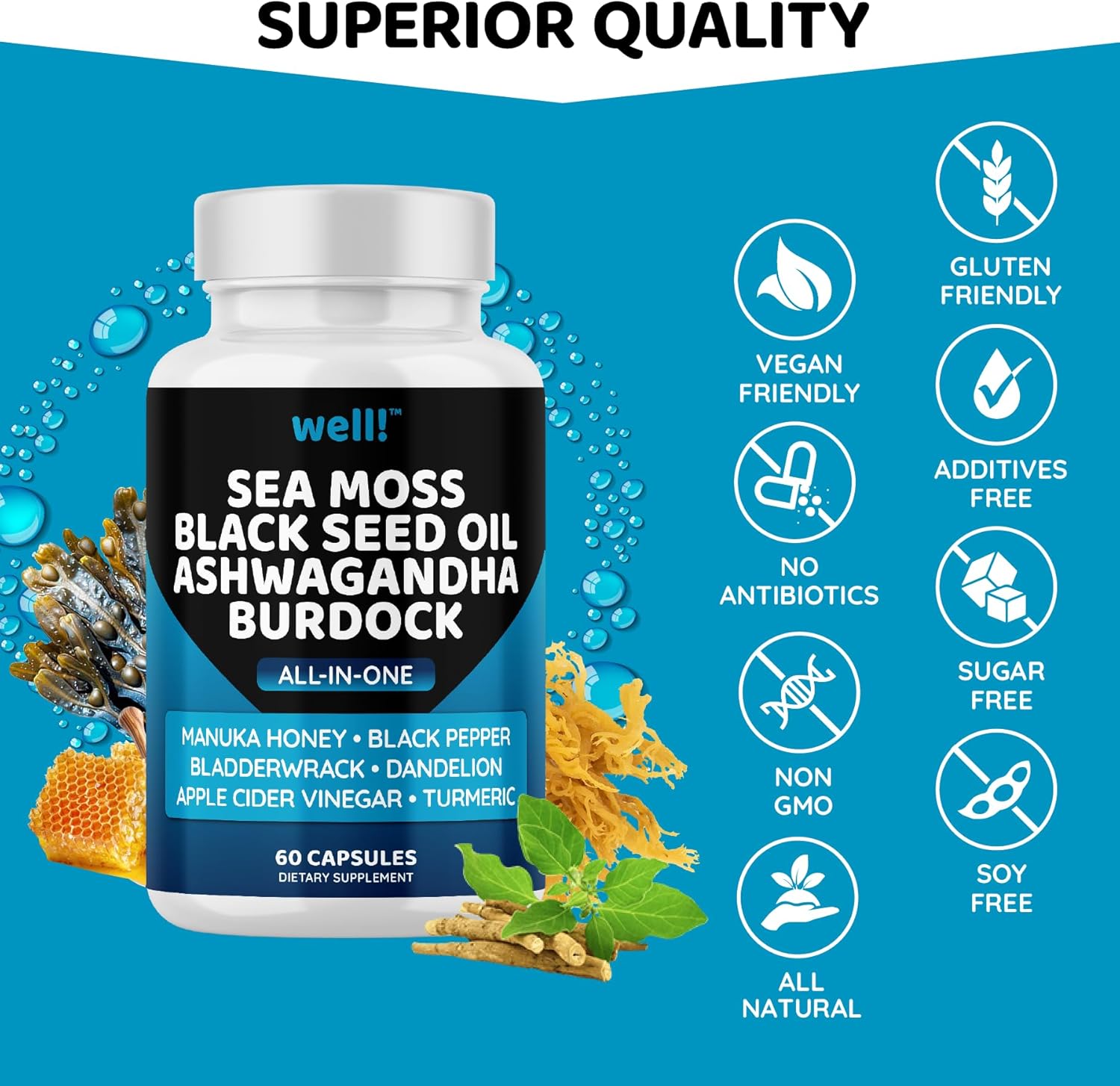 Super Antioxidants Supplement with Sea Moss, Black Seed Oil, and Ashwagandha - 180 Capsules