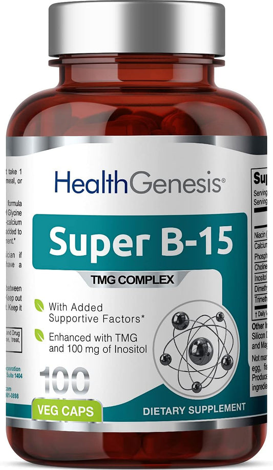 Super B-15 Health Genesis Vcaps - Niacin Calcium Choline Inositol DMG TMG - Promotes Energy & Oxygen Levels