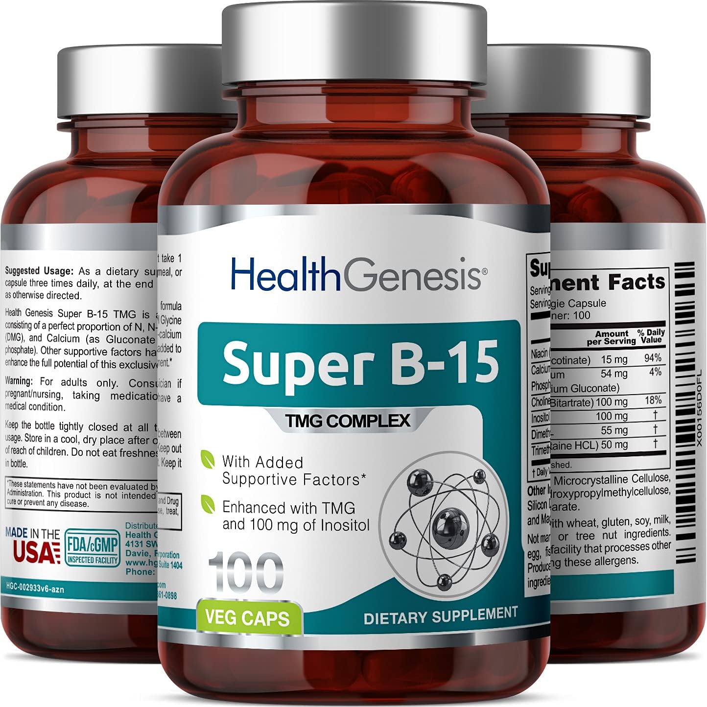 Super B-15 Health Genesis Vcaps - Niacin Calcium Choline Inositol DMG TMG - Promotes Energy & Oxygen Levels