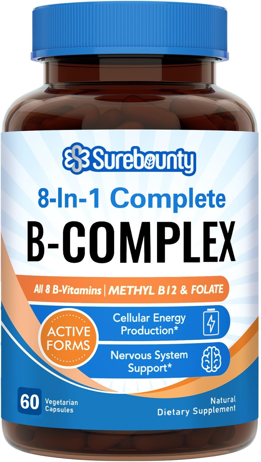 Super B Complex Vitamins Capsules for Women & Men - 8-in-1 Vitamin B Complex with B12, Biotin, Folate - Energy & Nerve Support - 60 Capsules