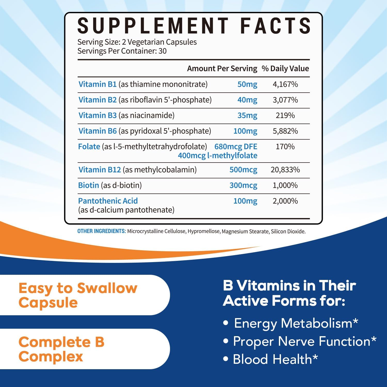Super B Complex Vitamins Capsules for Women & Men - 8-in-1 Vitamin B Complex with B12, Biotin, Folate - Energy & Nerve Support - 60 Capsules